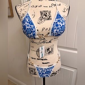 NWT Blue Floral Brazilian Bikini Set with Pearl Gold Accents sz S